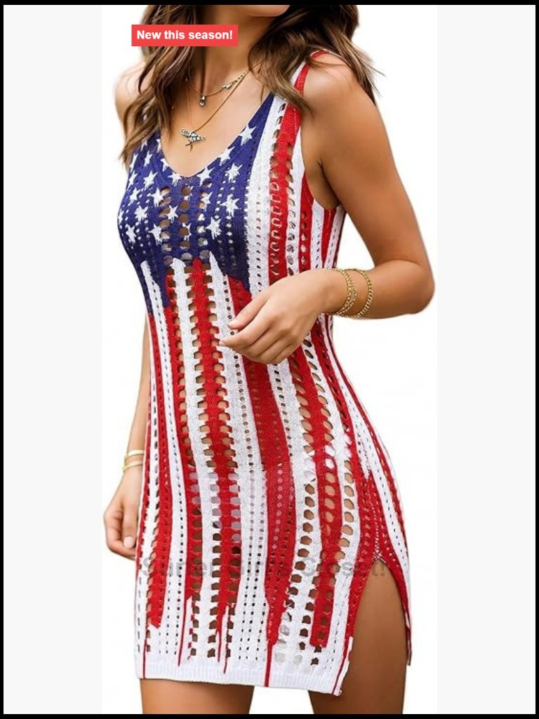 Crochet Beach Cover Up Tank Dress Patriotic Swimwear Sleeveless V-Neck